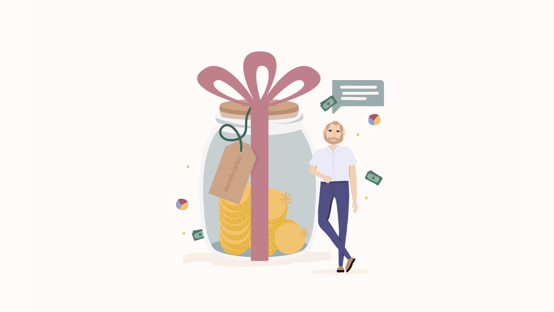 man standing next to jar of savings